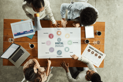 Four people are seen from above, they are gathered around a table with a large piece of paper on it showing the areas of Digital Marketing Strategies.