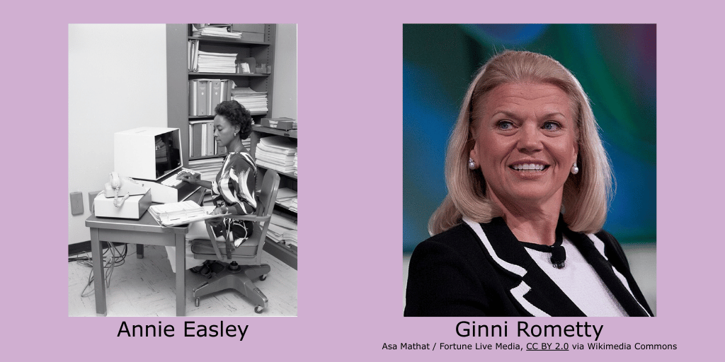 Black and white photo of Annie Easley sitting at a desk in front of a computer, and a portrait Ginni Rometty, blonde hair, and smiling on a purple background.