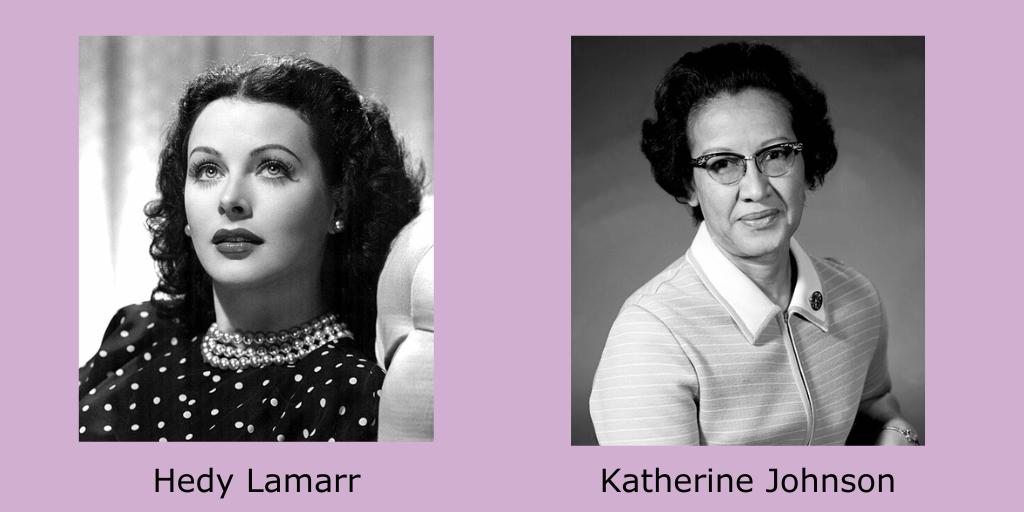 Black and white pictures of Hedy Lamarr and Katherine Johnson on a purple background.