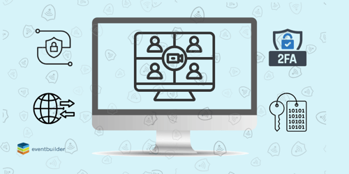 Webinar depicted on a computer screen, security symbols surrounding it, on a light blue background.
