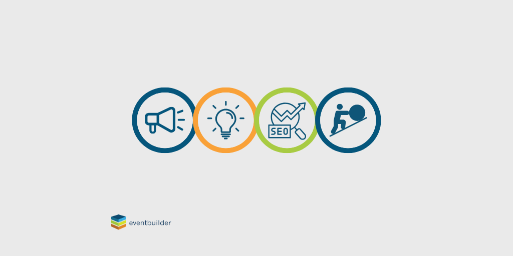 Four circles: blue, orange, green, and blue with a megaphone icon, a lightbulb icon, and SEO icon, and a person pushing a rock uphill icon.