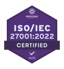 A hexagon shaped shield in purple with the text ISO/IEC 27001:2022 Certified. At the top a small logo appears for Prescient Security.