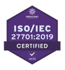 A hexagon shaped shield in purple with the text ISO/IEC 27701:2019 Certified. At the top a small logo appears for Prescient Security.