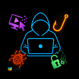 Neon with black background: a blue hacker in front of a laptop, an orange hook, a red cyber bug, green broken lock and purple broken computer screen.