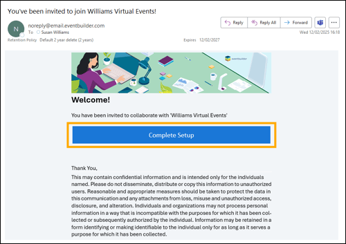 A screenshot of a Welcome Email from EventBuilder