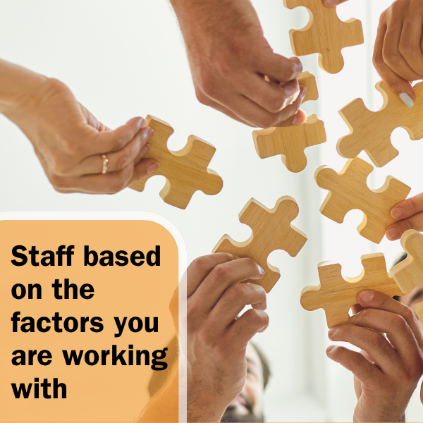 Hands holding wood puzzle pieces. Image text: Staff based on the factors you are working with.
