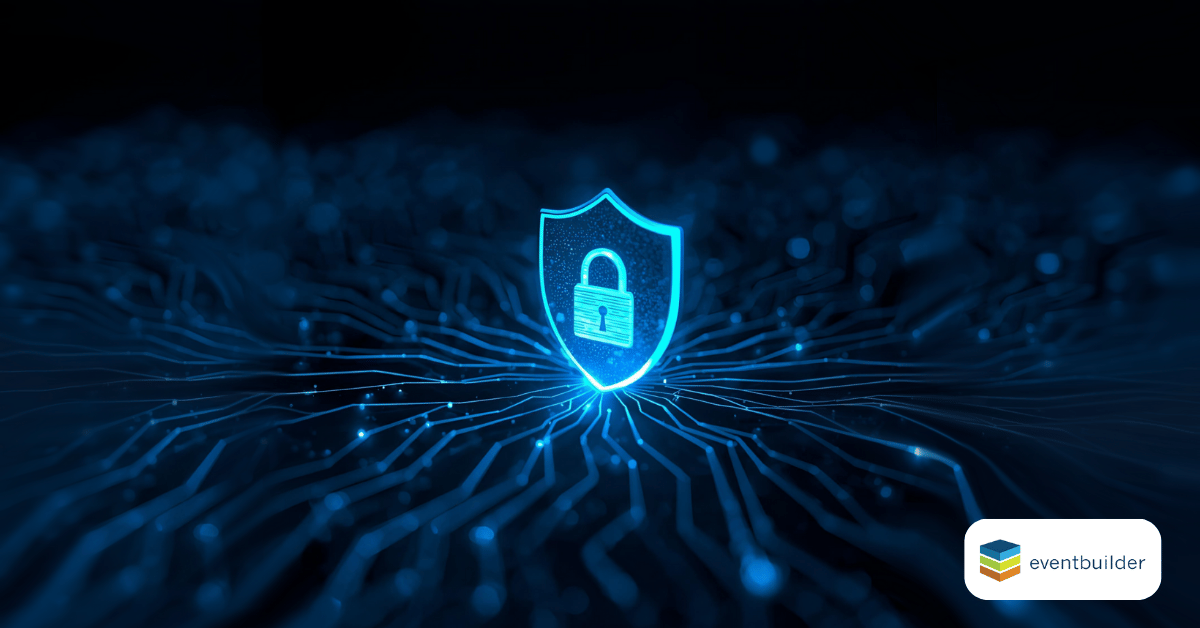 Glowing shield with lock in center with glowing connections spreading out from the center on dark blue background.