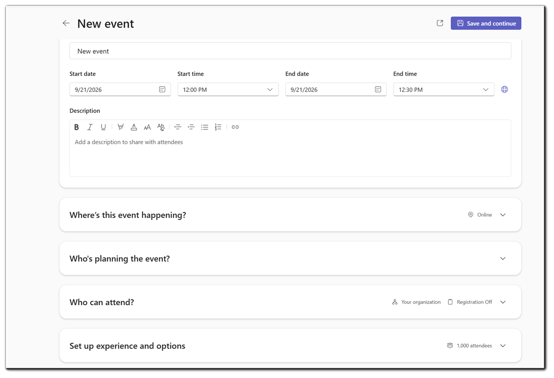 Screenshot: Microsoft Teams Create Event Dialog.