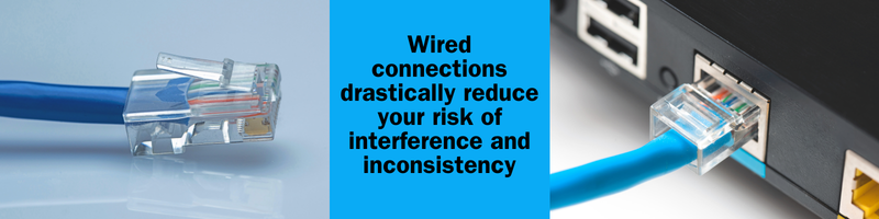 A close up of an ethernet connector and an image of ethernet plugged into hardware to emphasise the importance of streaming events on a stable connection