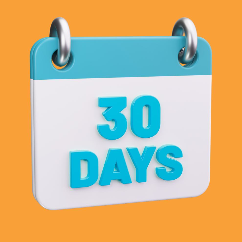 A white calendar with a blue upper trim and the words 30 days on the front against an orange background