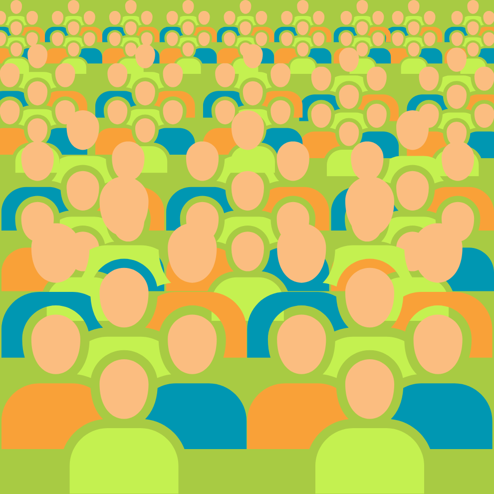 Colourful graphic icons of people, large in the foreground and receding and duplicating in number backwards