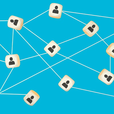 Small white blocks with icons of people on them are interlinked to one another by white lines.