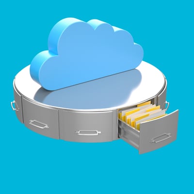 A large blue cloud sits on top of a round grey file cabinet. One drawer is open showing a mess of files.