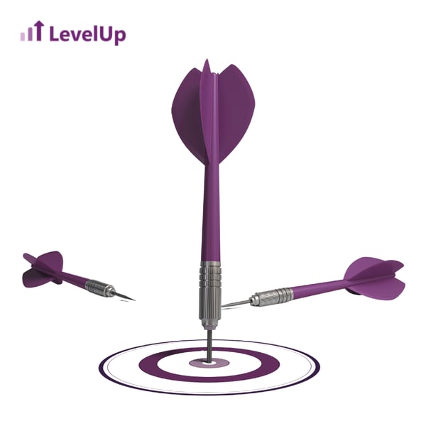 Three purple darts, two lying down and one standing vertically, hitting the centre mark of a purple circular target