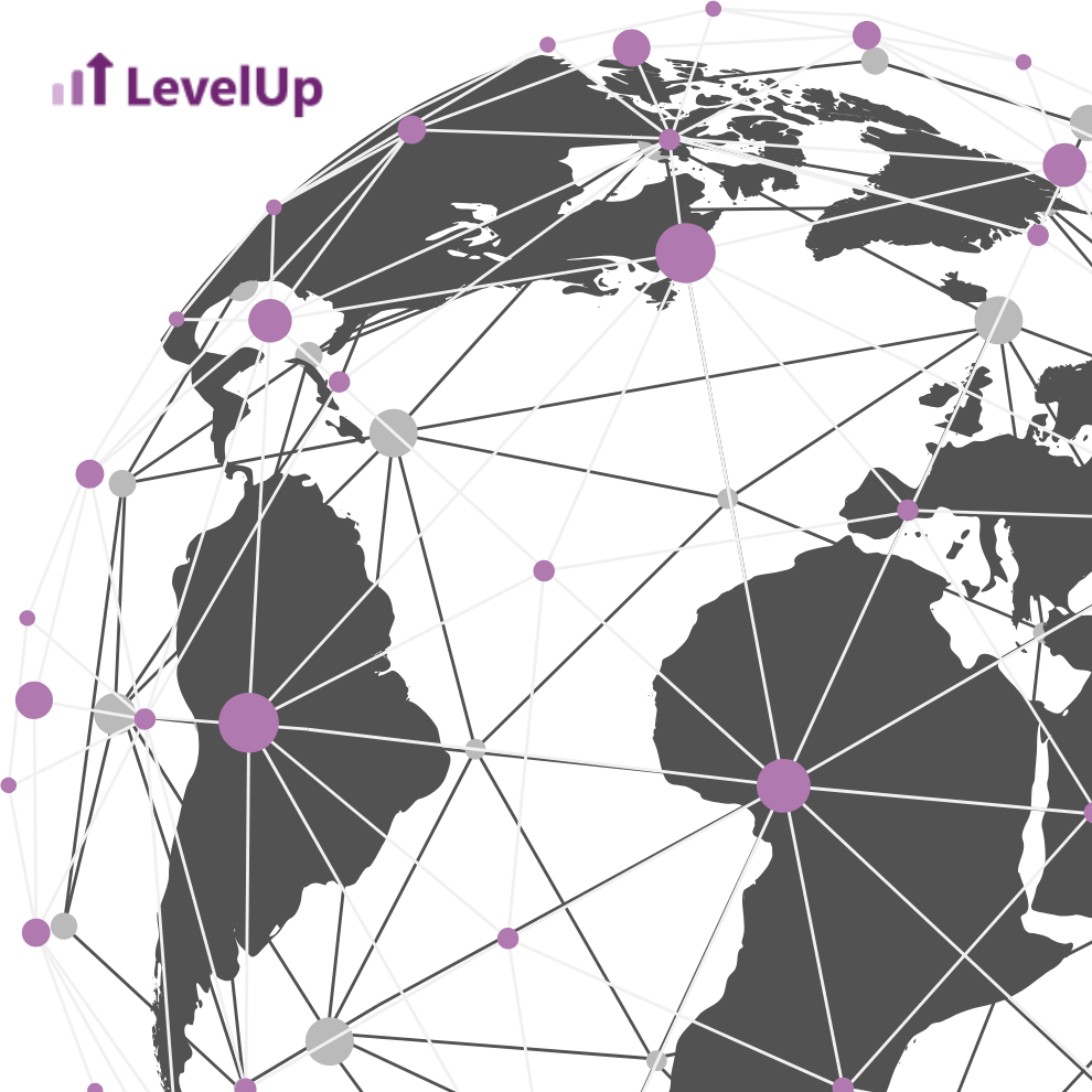 The Level Up log in purple font with three arrows to the left sits in the top left hand corner of the image. A graphic of a globe with a network of lines and dots around it fills the rest of the view.