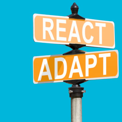 An American style signpost points to 'React' and 'Adapt'. The signs are white font on orange, the sky is blue behind.