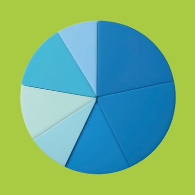 A pie chart in various shades of blue against a green background