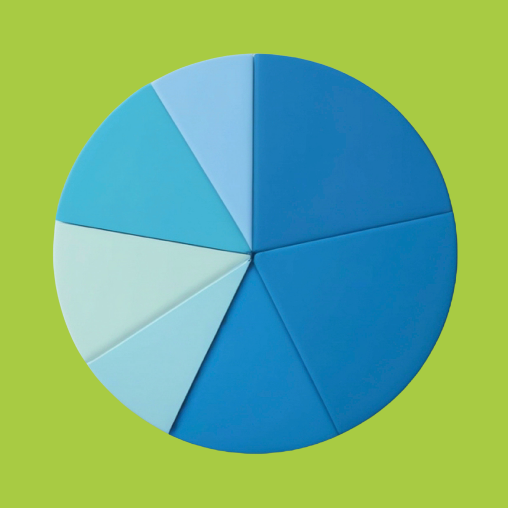A pie chart in various shades of blue against a green background
