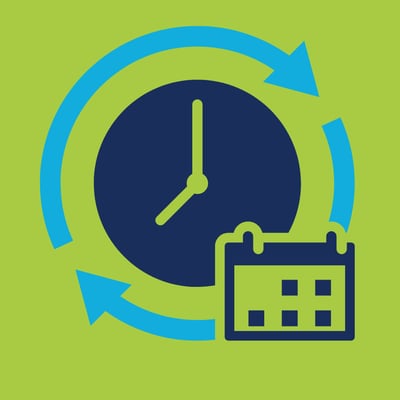 A blue icon of a clock and a calendar