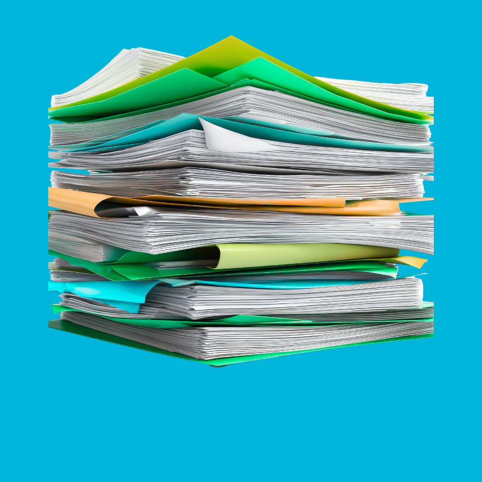 A large stack of files full to overflowing with paper sit on top of one another against a blue background