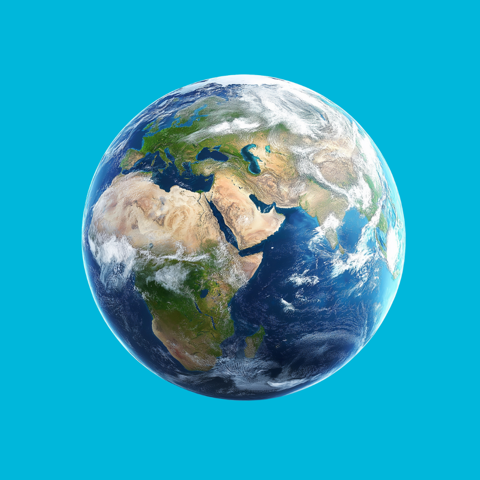 A map of the world overlayed with a swirling face of a clock