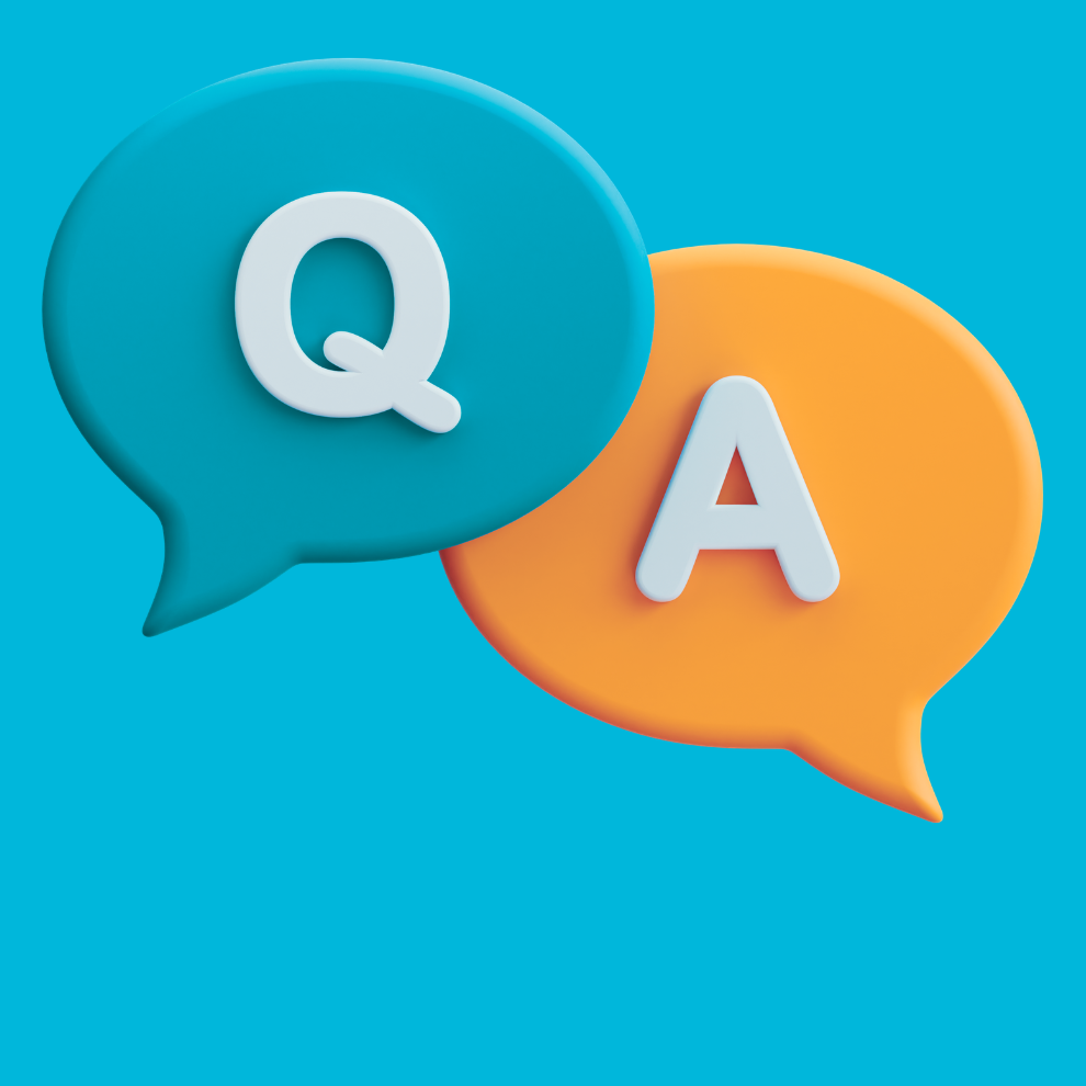Two thought bubbles, one blue with the letter Q and one orange with the letter A, collectively spelling Q&A