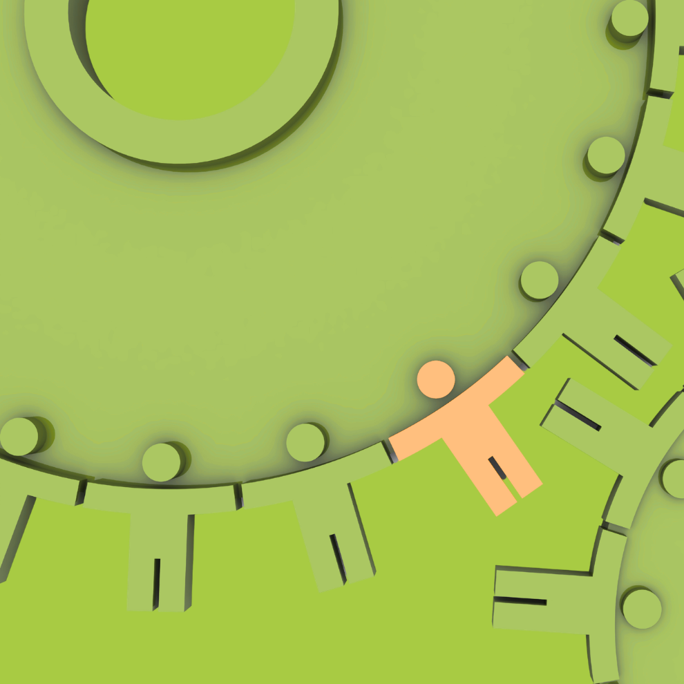 Large green cogs with person shaped teeth interconnecting