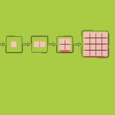 Wooden blocks multiplying in size by the power of two cross the screen against a green background.