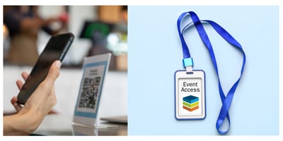 A mobile scanning a QR code and a lanyard with the EventBuilder log and the words 'Event Access' on it