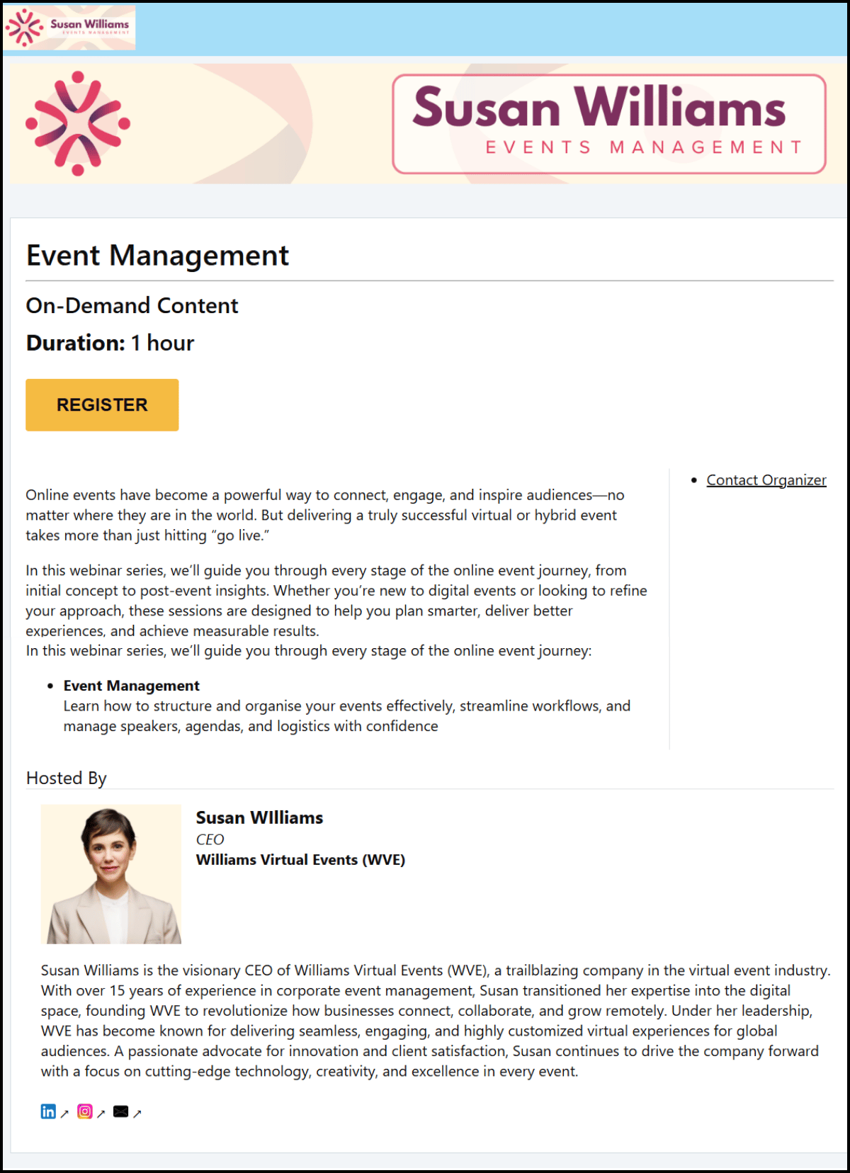EventBuilder Registration Page in a Classic style as seen on a desktop device