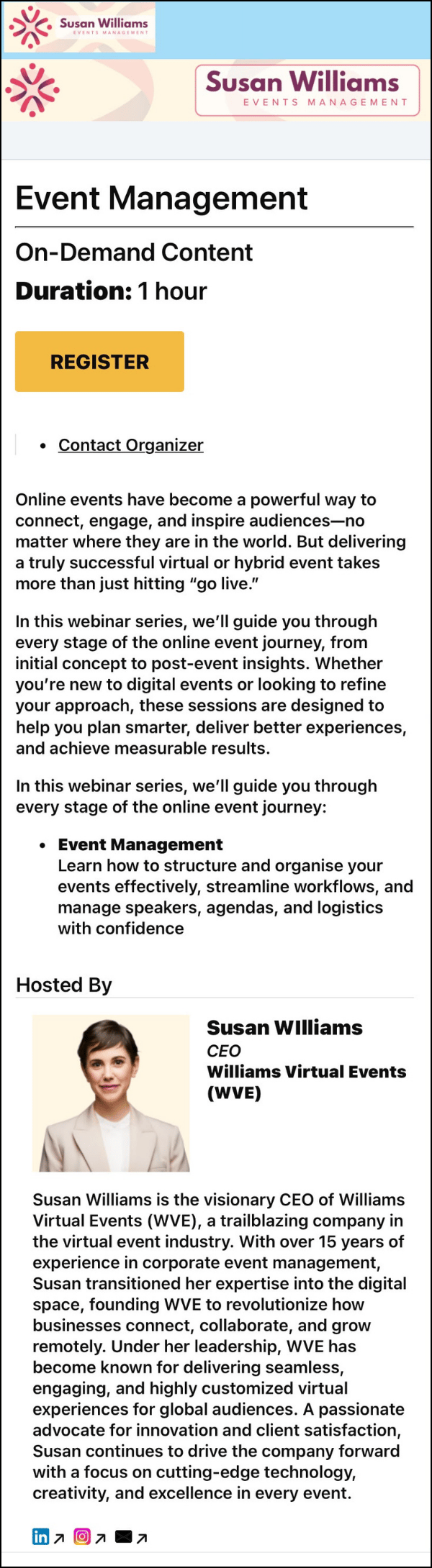 EventBuilder Registration Page in a Classic style as seen on a mobile device