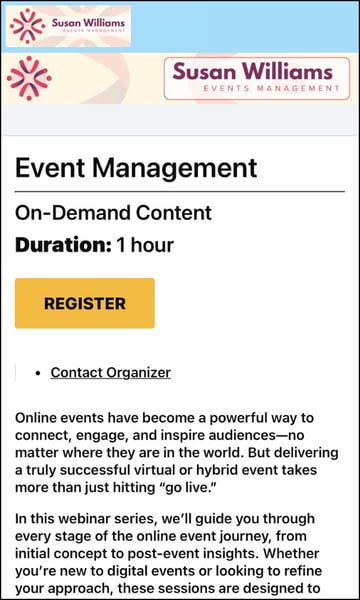 EventBuilder Registration Page in a Classic style as seen on a mobile device