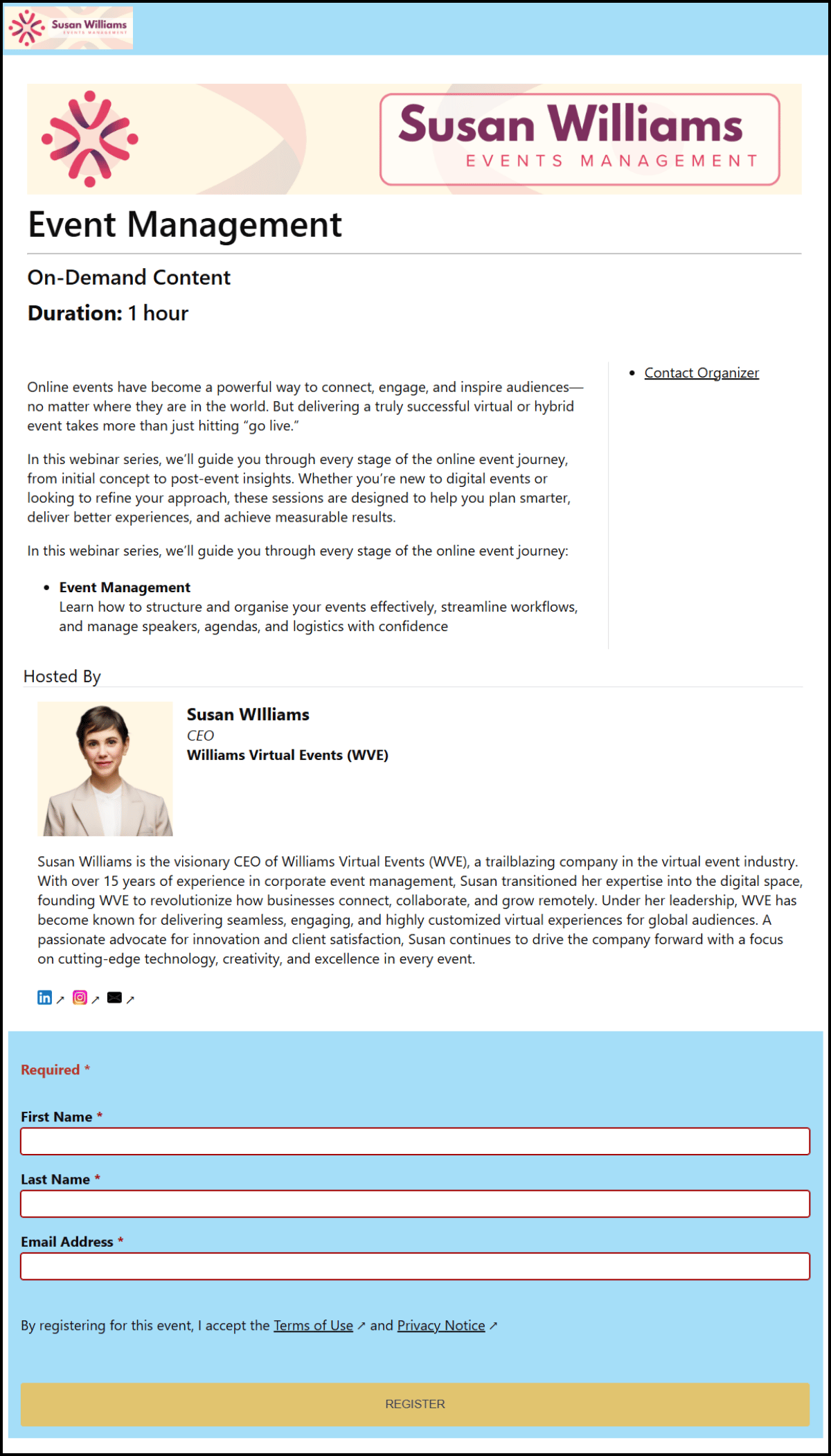 EventBuilder Registration Page in a Clean style as seen on a desktop device