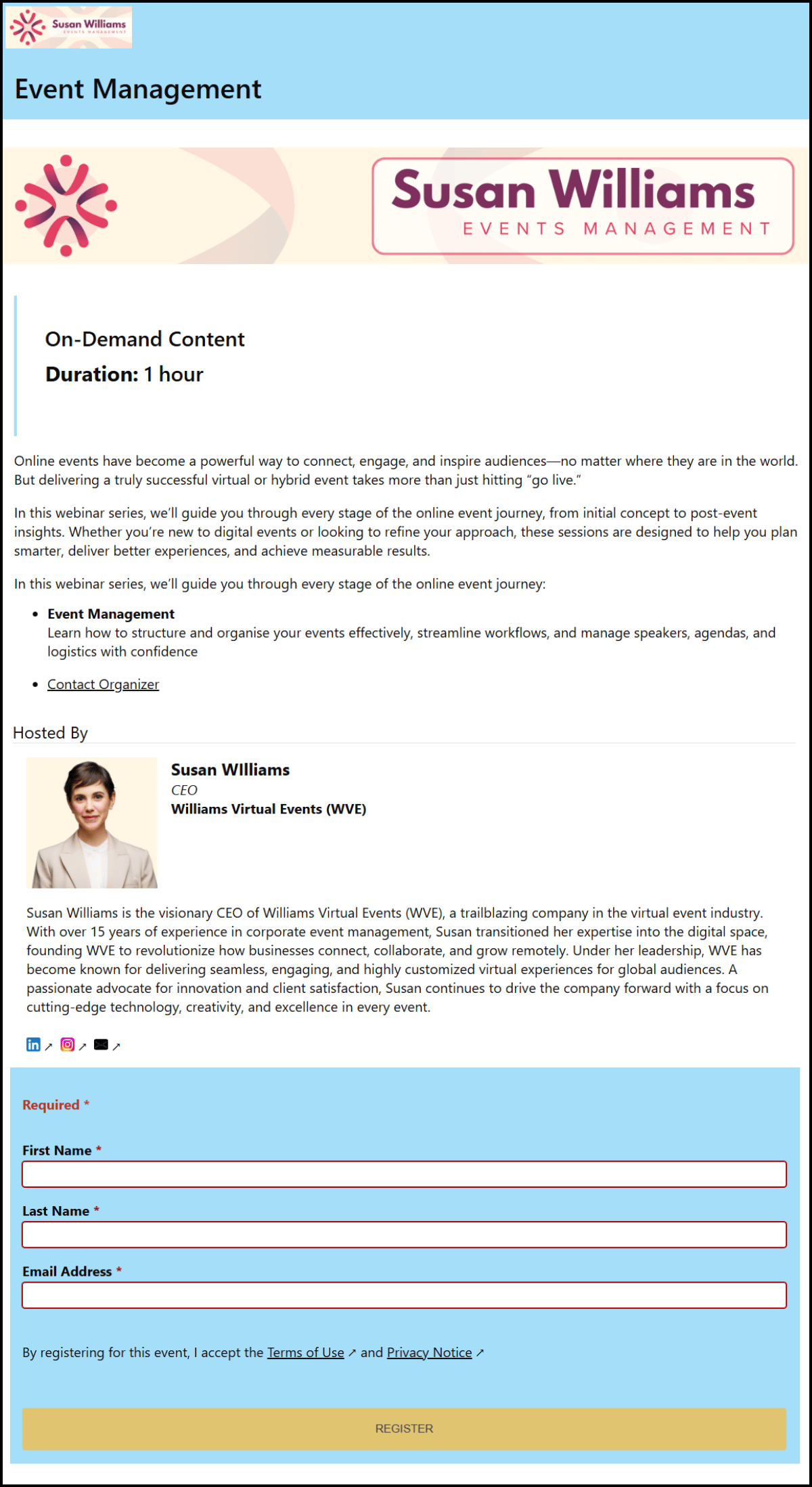 EventBuilder Registration Page in a marquee style as seen on a desktop device