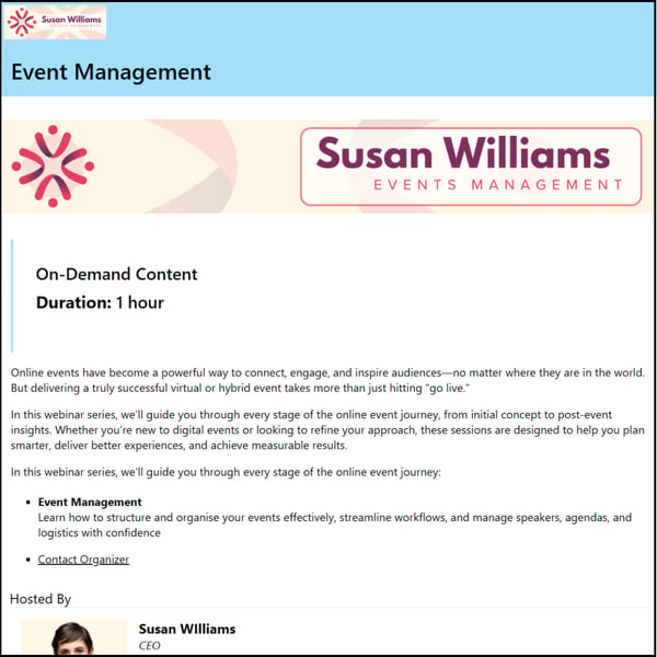 EventBuilder Registration Page in a marquee style as seen on a desktop device
