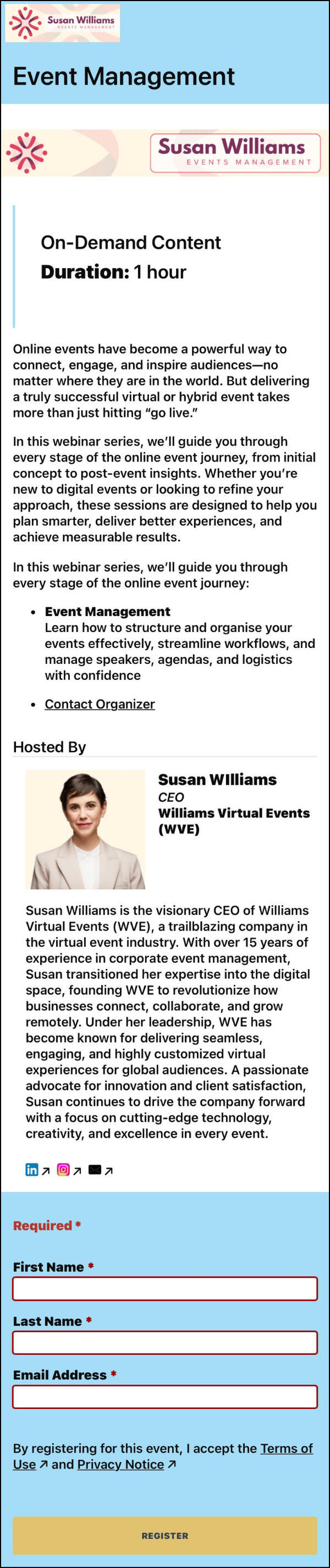 EventBuilder Registration Page in a marquee style as seen on a mobile device