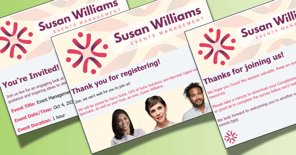Three branded emails for a virtual event are displayed
