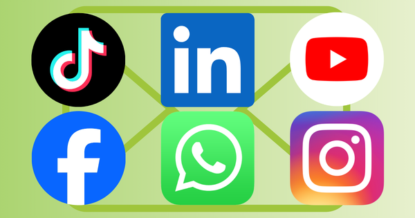 Social icons for Facebook, TikTok, Instagram, LinkedIn, YouTube and Whatsapp appear against a green background