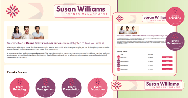 Three customized Events Listing Pages in different styles against a green background
