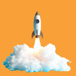 A cartoony rock ship launches into a blue sky, a cloud of white smoke billows beneath it