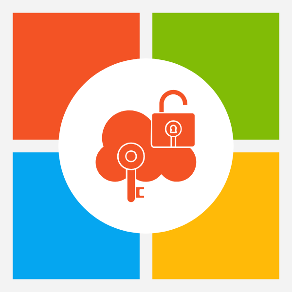 Image of Microsoft Logo (Red, Green, Blue and Yellow squares of equal size creating one large square) with a white circle in the middle with a red image of a cloud and a lock and key.