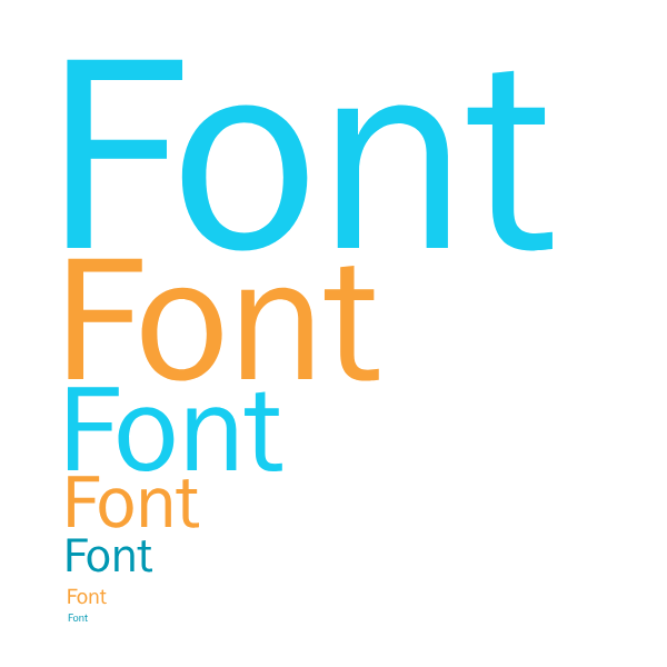The word Font in decreasing sizes from top to bottom in blue and orange colors