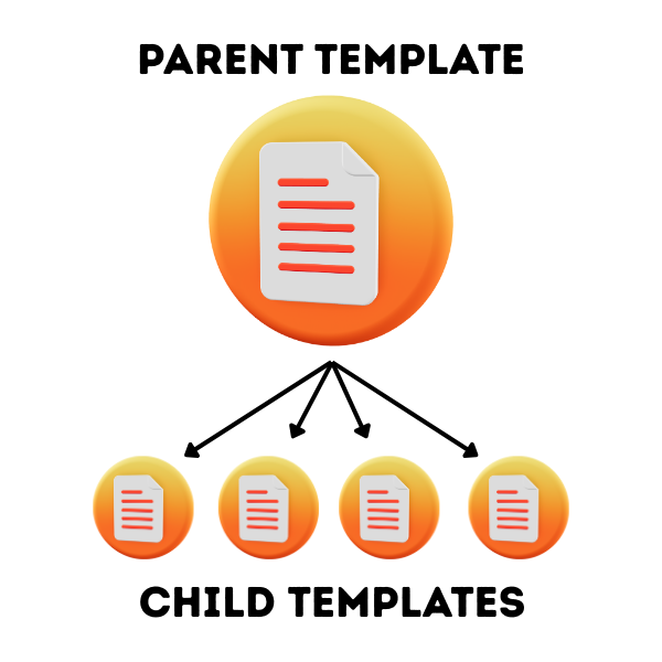 One large icon of a file leading off into four smaller child documents