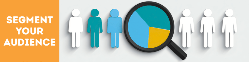 White title 'segment your audience' on an orange background. To the right of the image, six generic stick figures surround a magnifying glass