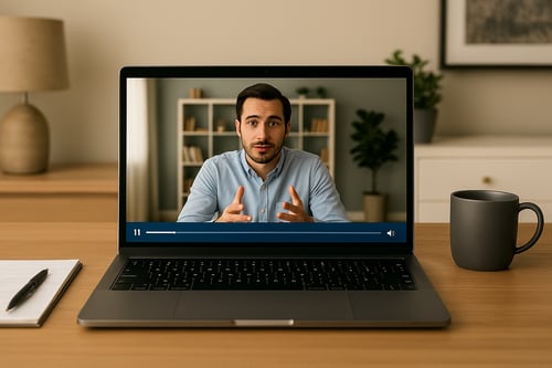 A laptop sits on a wooden desk, the screen shows a man presenting an online webinar