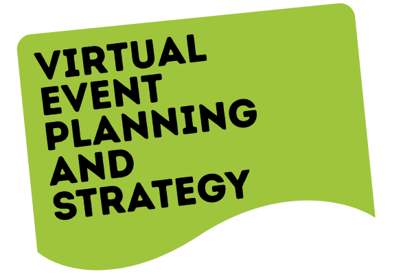 Green banner with black text reads 'Virtual Event Planning and Strategy'