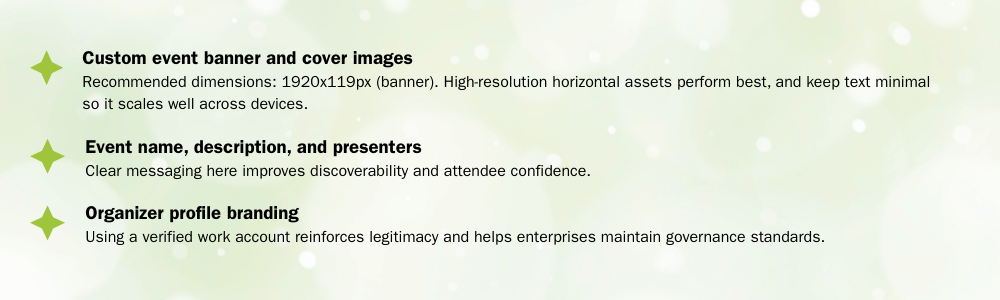 alt=Infographic outlining best practices for event banners, messaging, and organizer branding.
