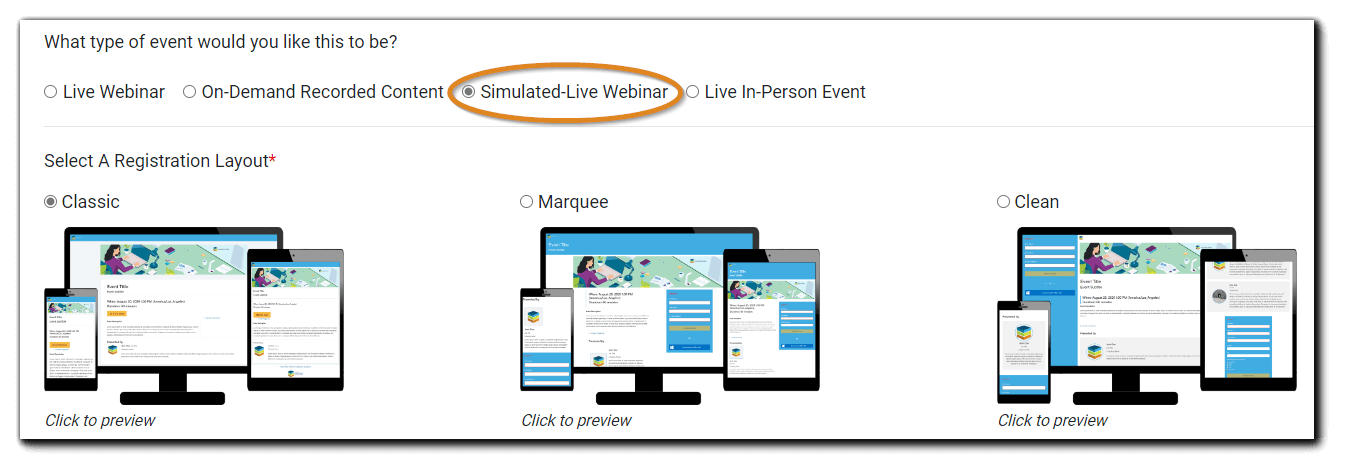 EventBuilder Screenshot - Simulated Live Webinar selection