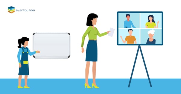 Vector graphic of a woman leading a virtual presentation with a young girl watching and copying her.