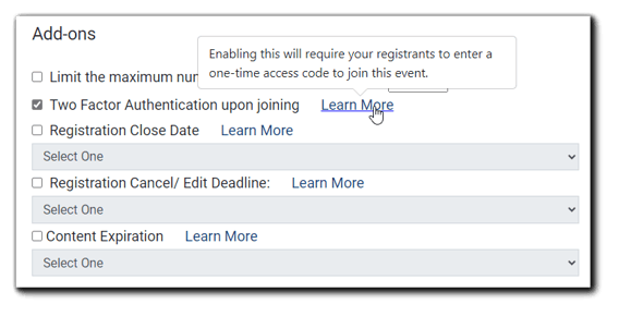 Monetized Events - Two-Factor Authentication Add-on Option